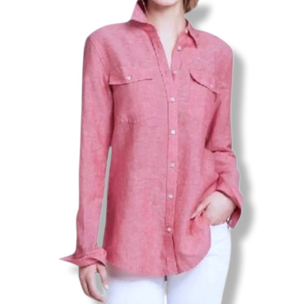 Banana Republic Shirt Bright Pink Linen Long Roll Tab Sleeve Button Up Size XS